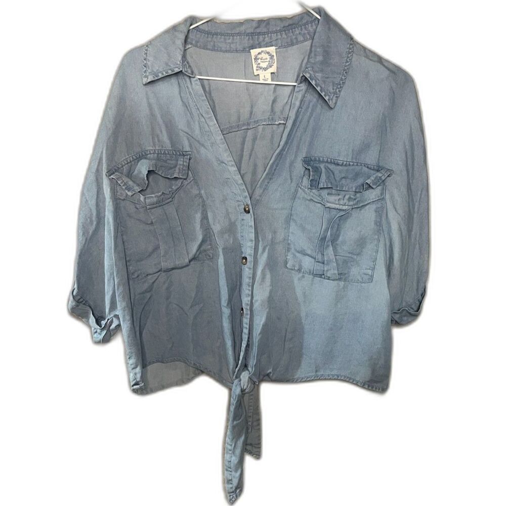 Chambray Button Down Front Tie Top | Blue Rain | L